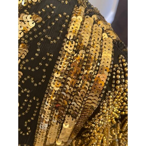 Vintage Tan Chho Gold Beaded Sequin‎ Jacket Dress Gown 1980s Glam - Picture 7 of 13